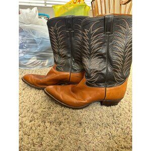 Vintage Justin Leather Cowboy Boots With Two-Tone Tan Black Western Stitching
